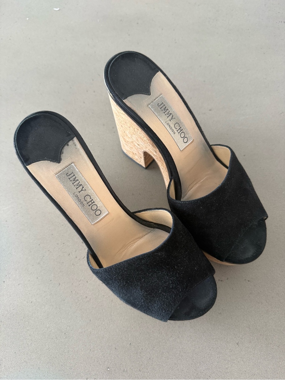 Jimmy Choo Black Suede Open-Toe Mules with Natural Wood Block Heel